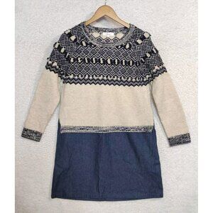Clu Too Sweater Dress Women’s M 100% Wool Fair Isle Top Denim Cotton Bottom